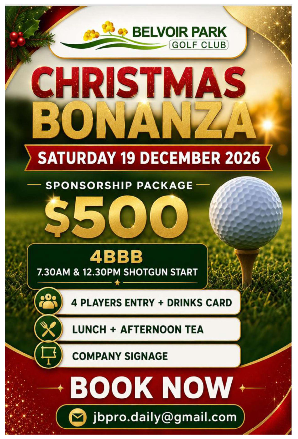 Christmas Bonanza flyer for Saturday 19 December 2026.