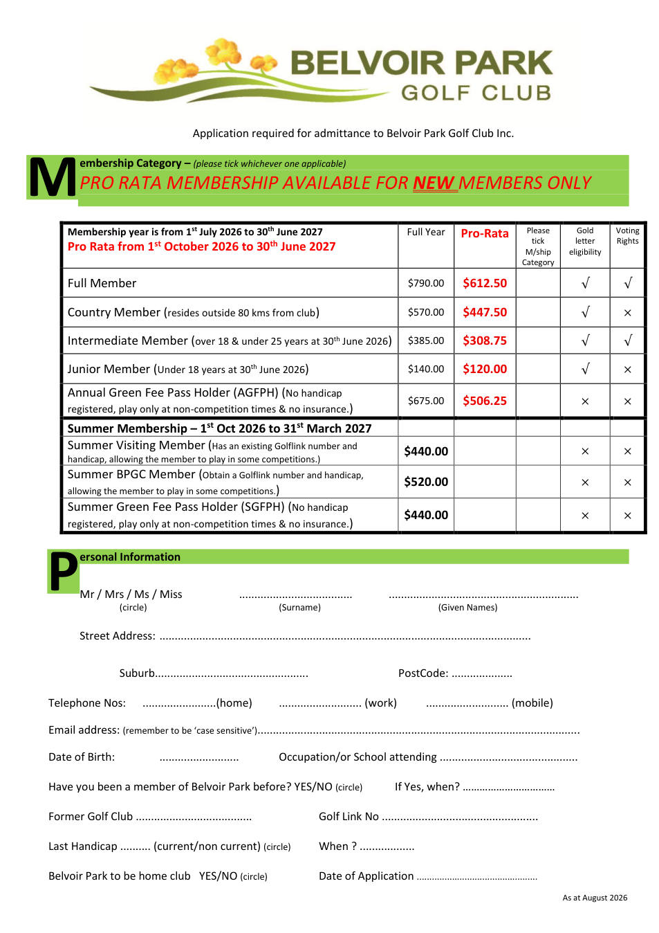 October 2026 membership application, first page.