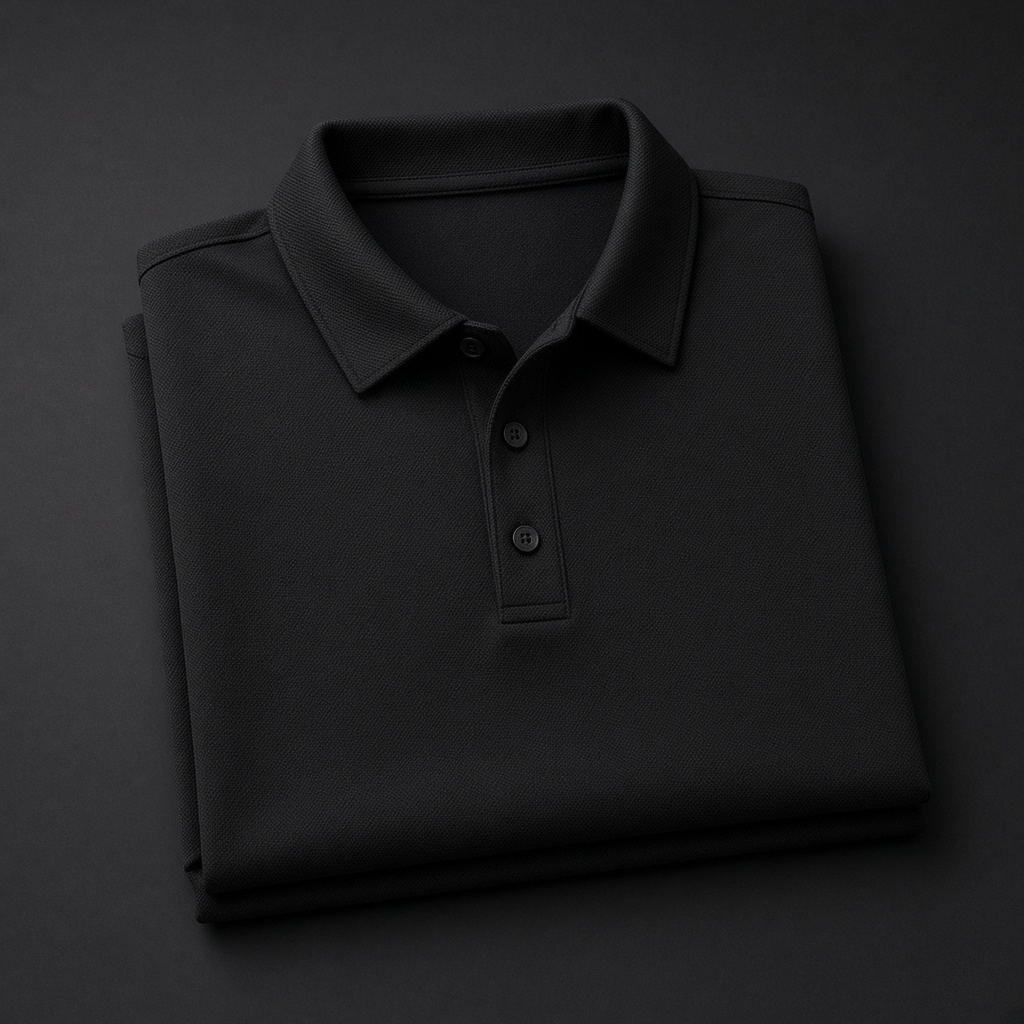 Sample black performance polo, folded